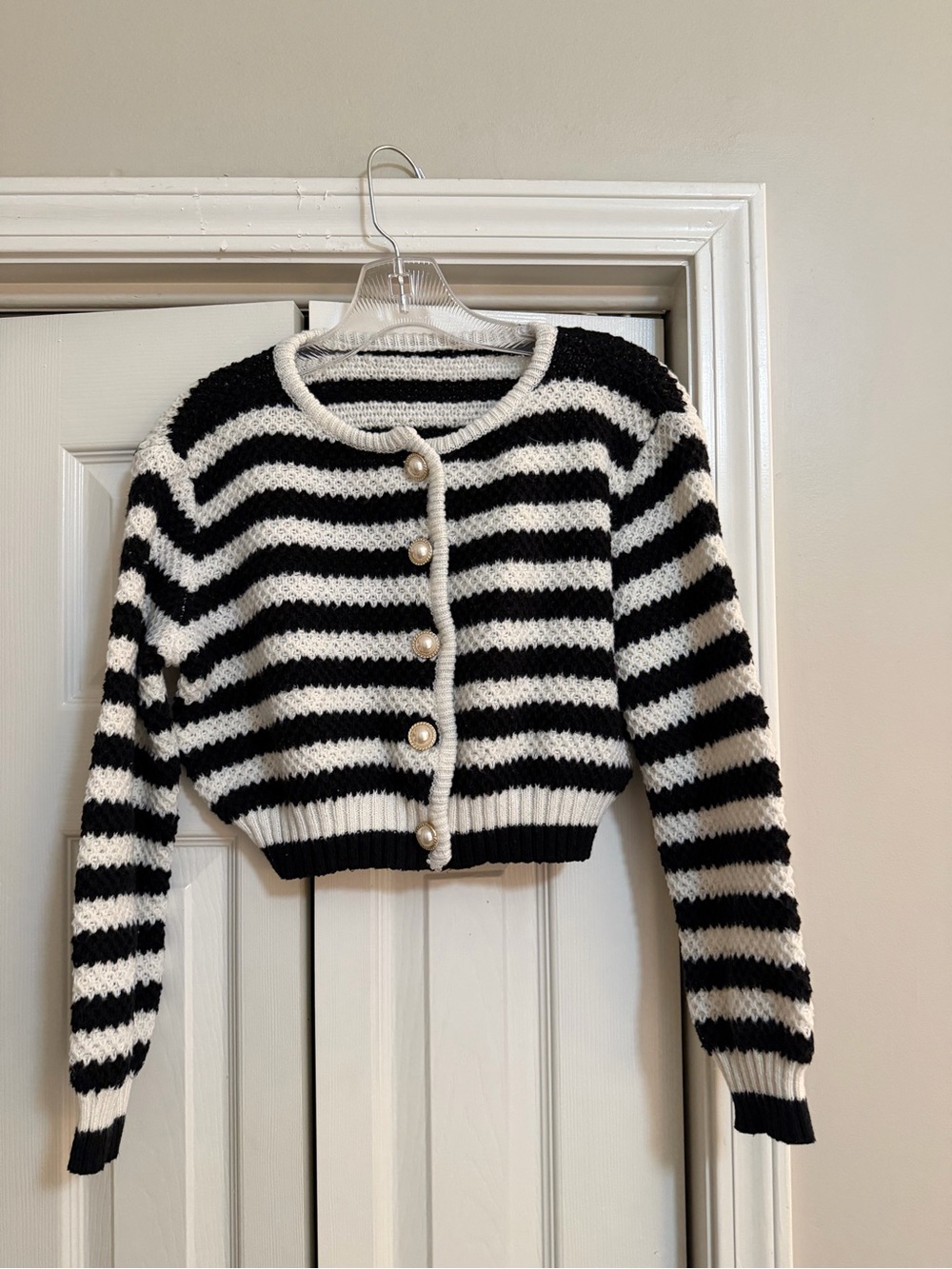 SHEIN Black & White Striped Pearl-Button Cropped Cardigan